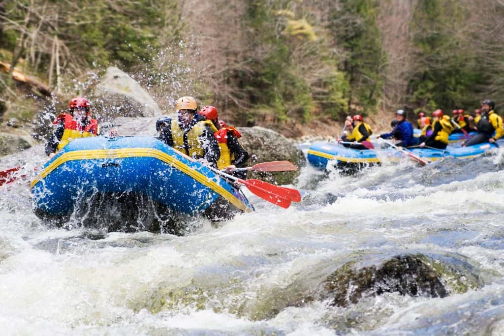 Two groups of rafters going through rapids