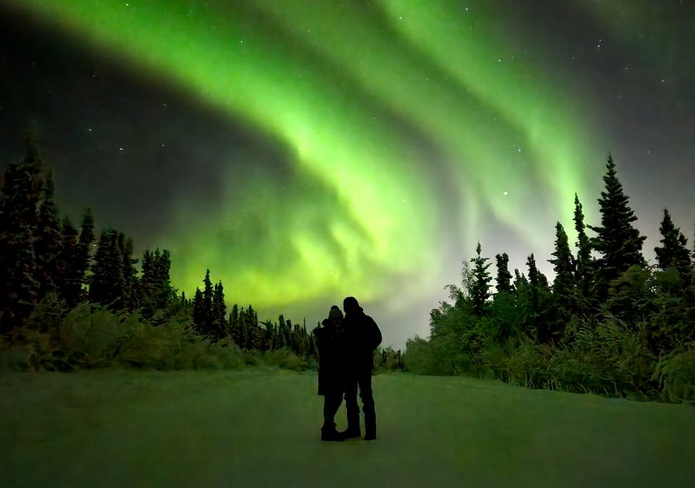 Black silhouette of two people under green northern lights surrounded by tall pine trees