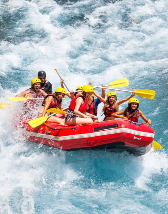 Group of rafters cheering after getting through heavy rapids