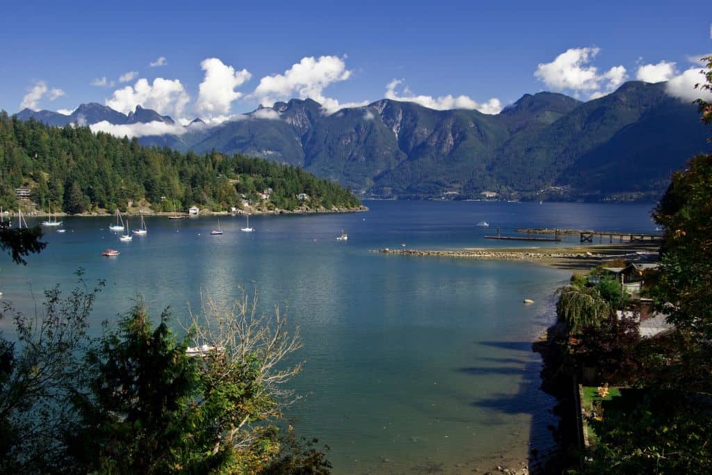 Aerial view of a large bay with docks and mountains in the background