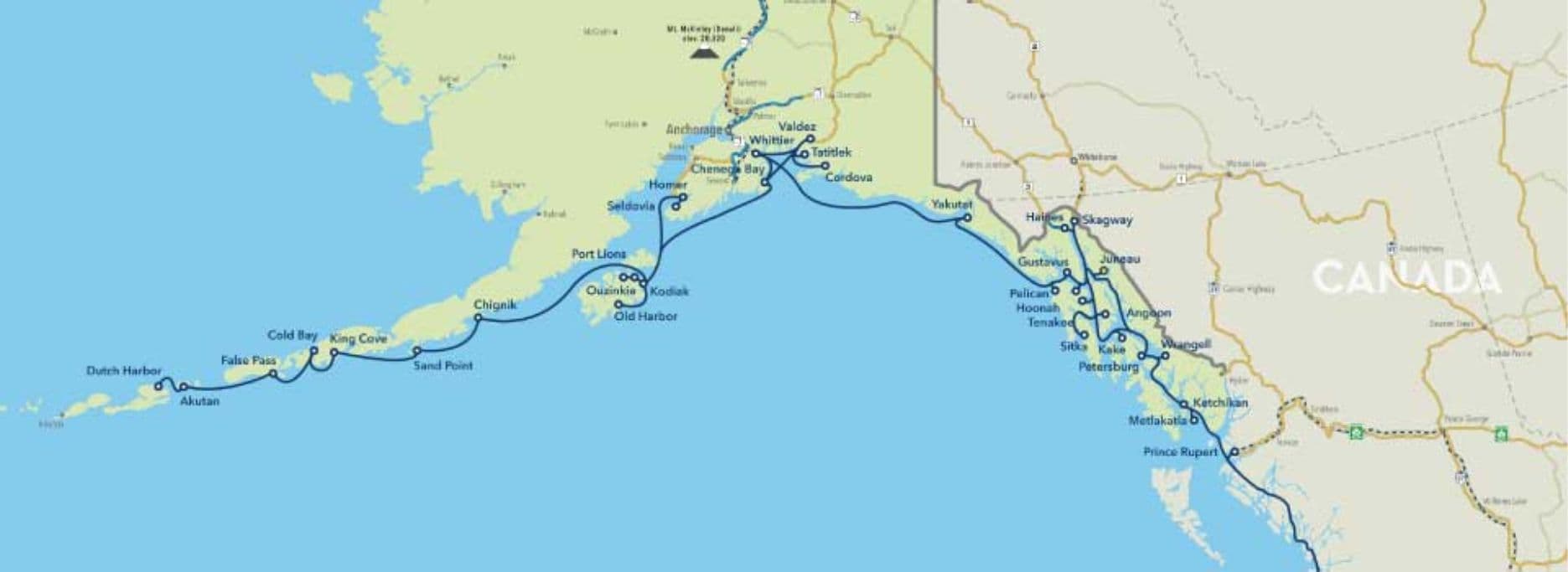 Blue, green, and brown map with a long blue line following Alaska's coast representing the Alaska Marine Highway System