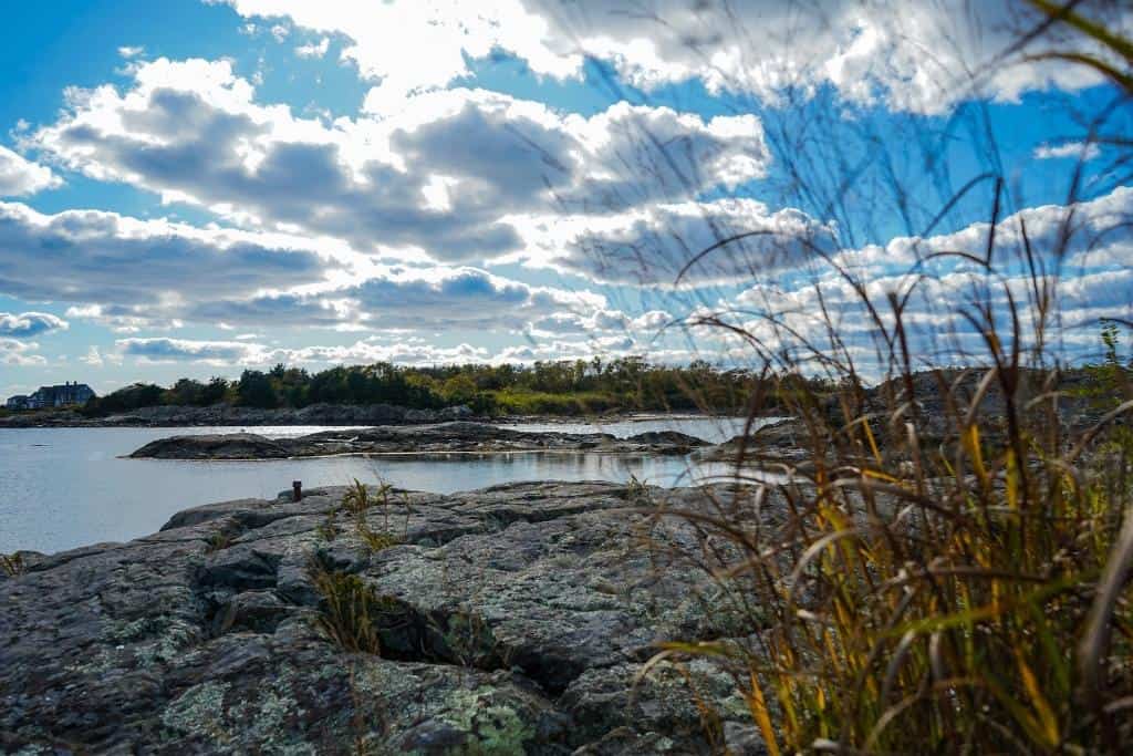 Rocky, marsh-surrounded bay on a coudy day