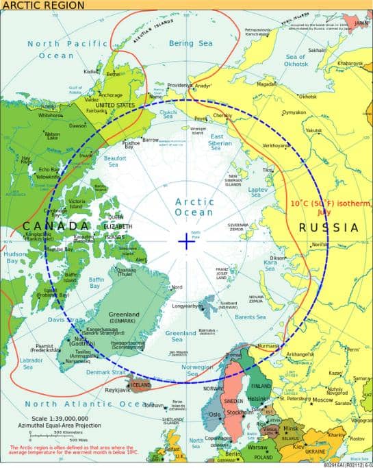 Colorful map of the Arctic Circle with a dotted blue line