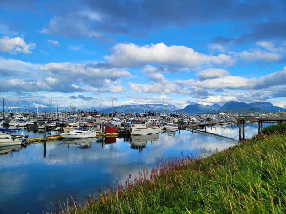 A harbor with fishing boats and a reflection of a cloudy sky