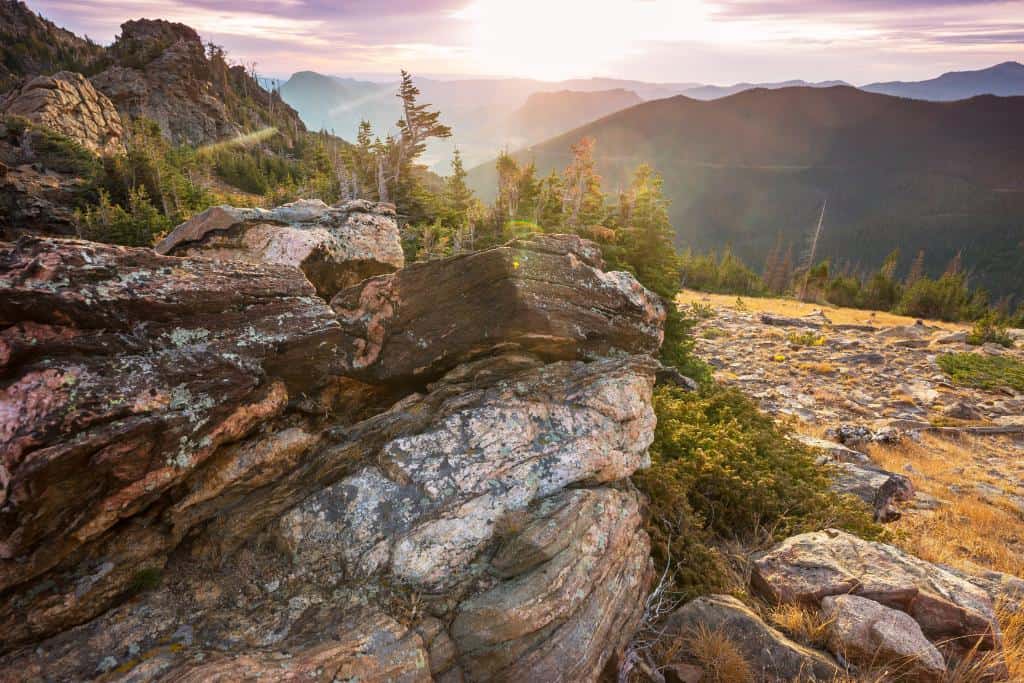 Sunset over mountains and rocks