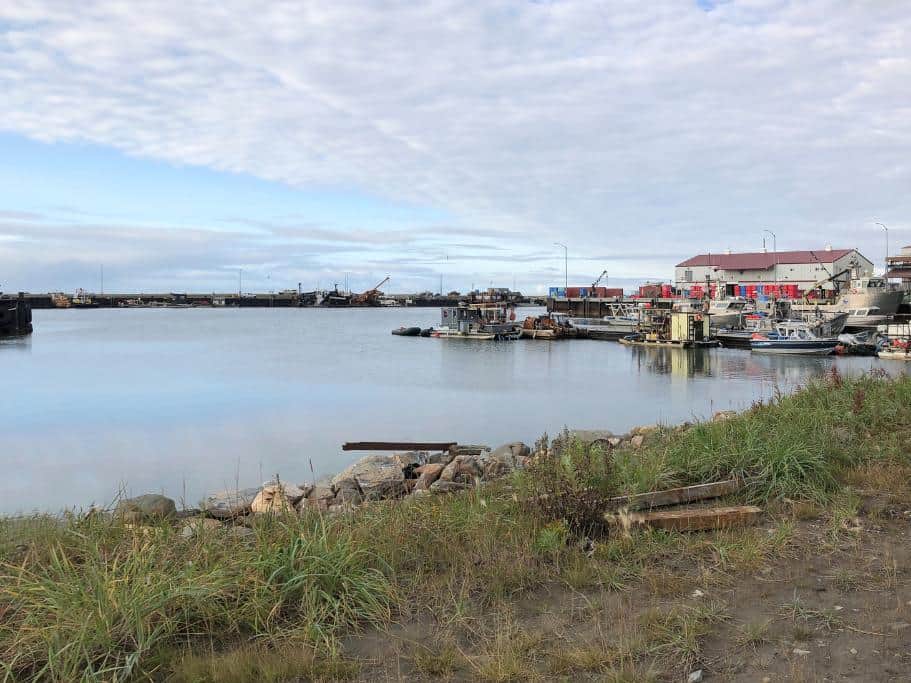 Marsh-side view of a small boat harbor on a cloudy day