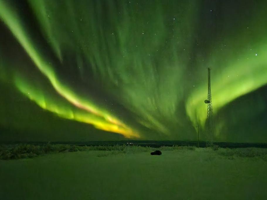 Dark silhouette of and SUV sitting in a large snowy parking lot surrounded by the northern lights