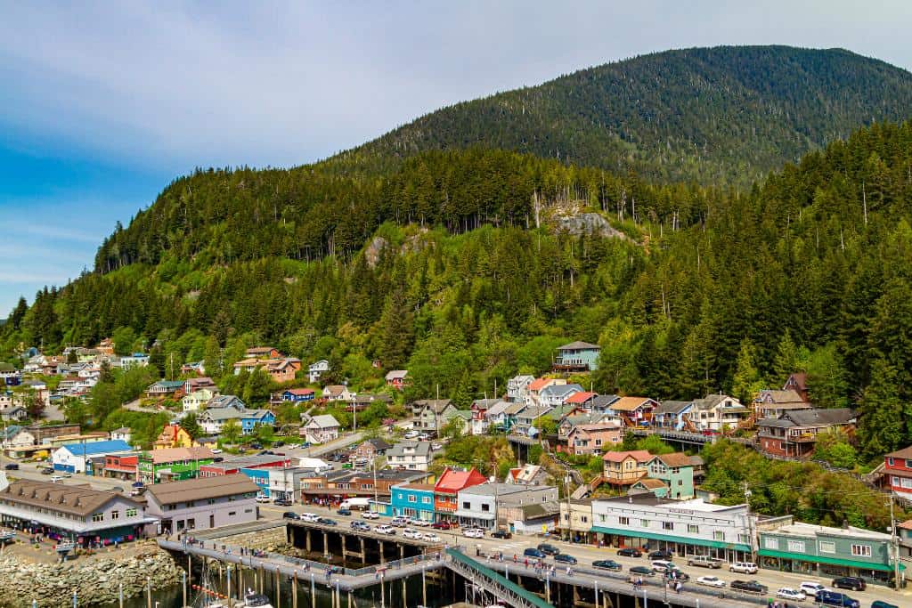 Vibrant small town backed by lush mountains