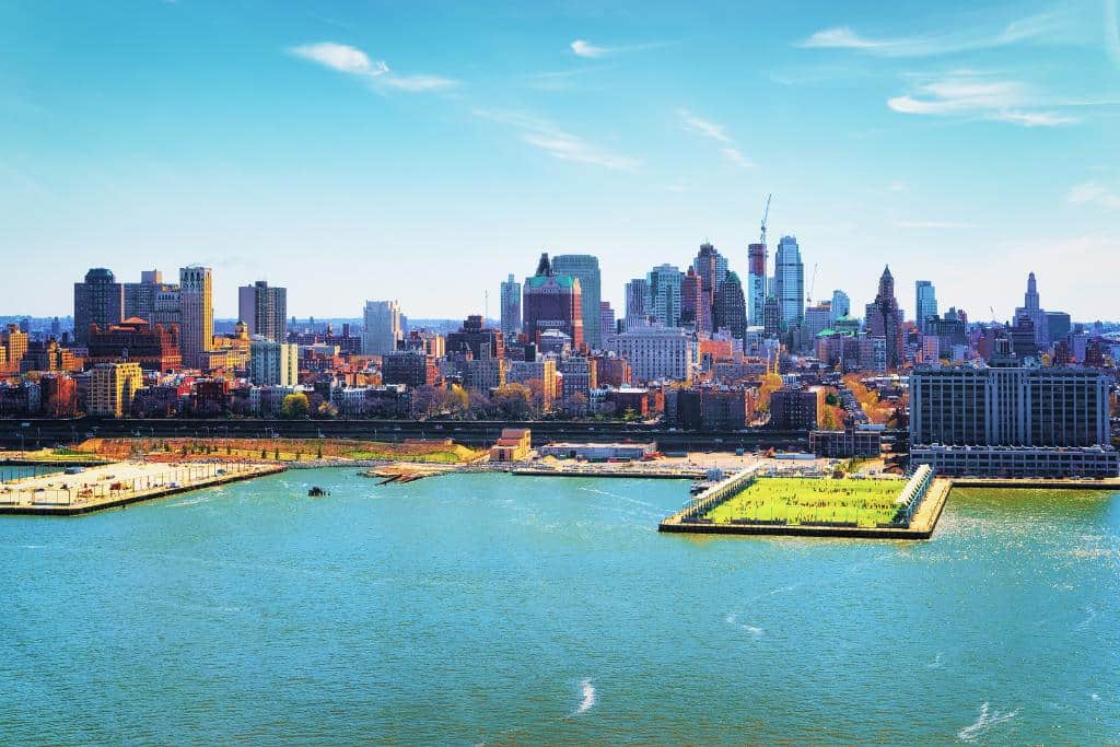 Coastal city skyline on a sunny day