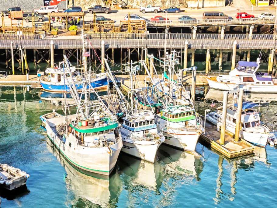 A group of large fishing boats and their reflection in a harbor backed by a busy street
