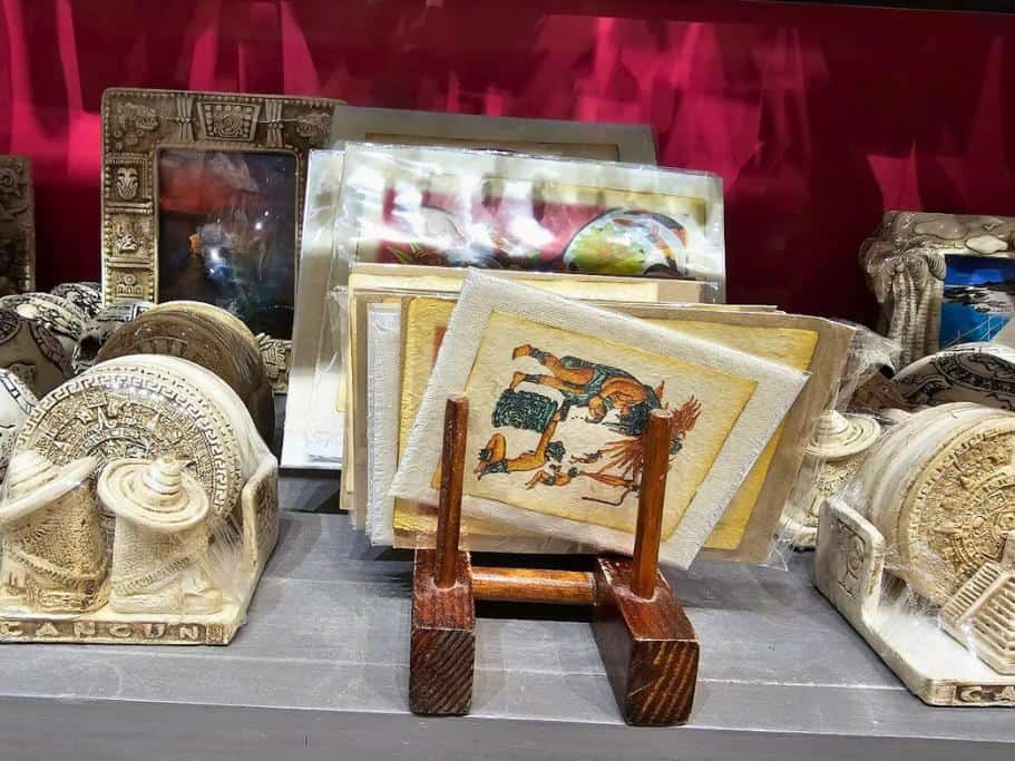 Shelf of cloth coasters and miniature ruins structures