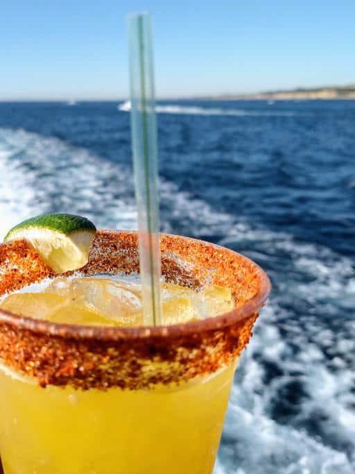 Spice-rimmed yellow beverage with a lime and straw set against the ocean