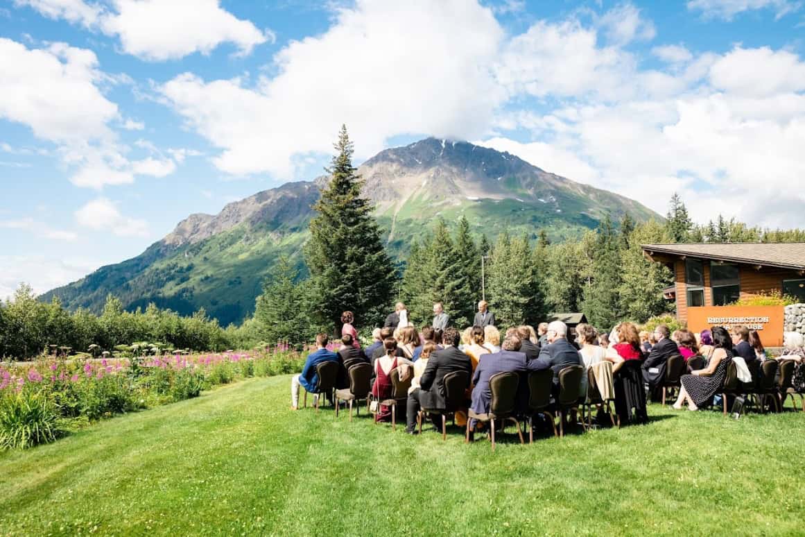Wide view of Emily and Sean Concannon's wedding ceremony in Seward, Alaska