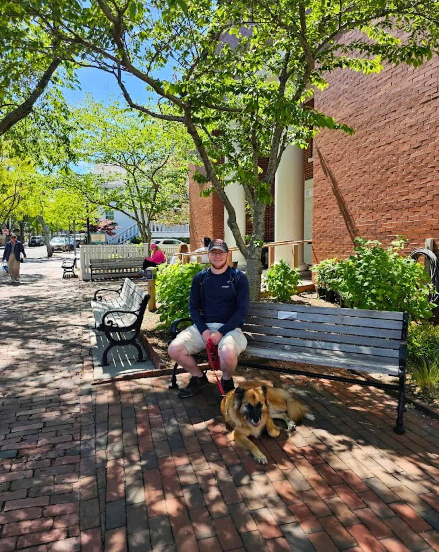 Man and a dog sitting in the shade on a bench in Nantucket