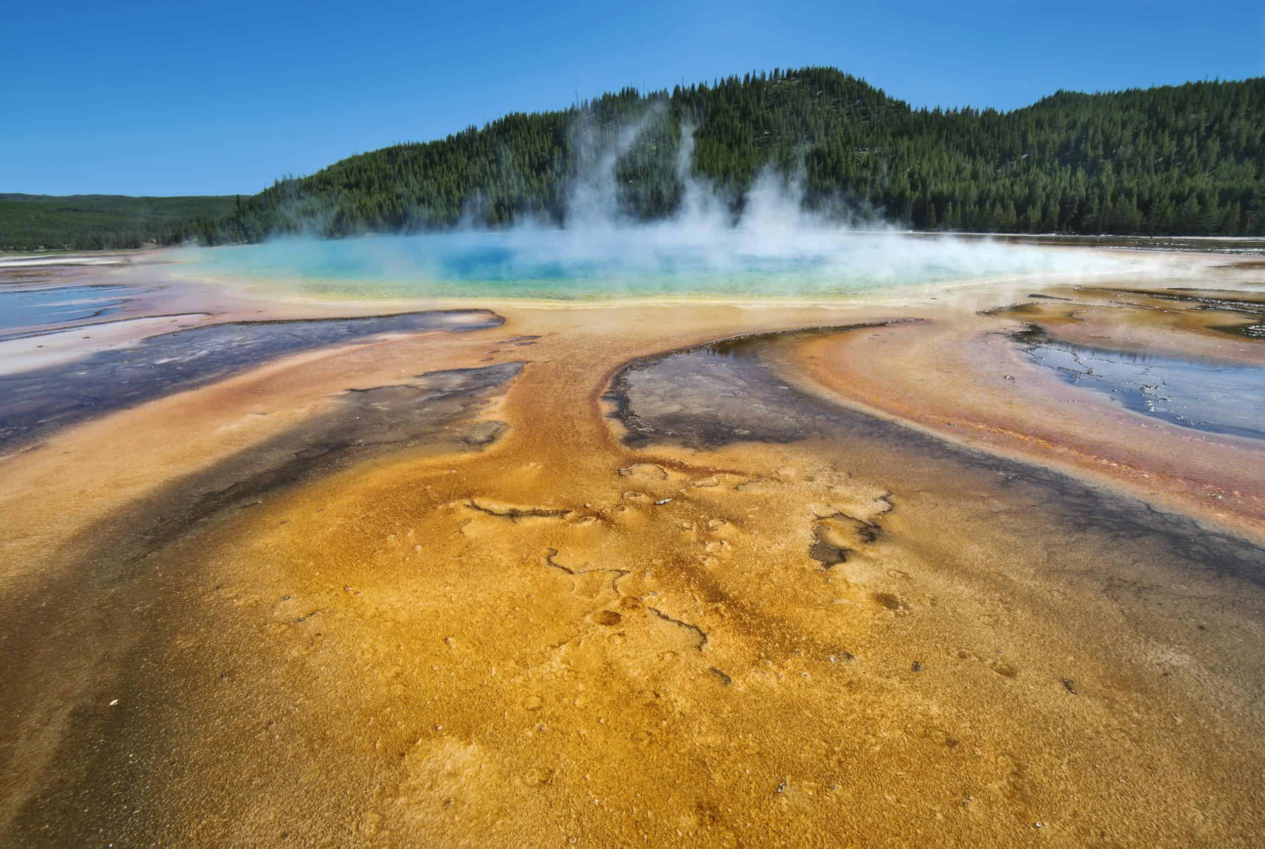 Bright and colorful geothermal spring at Yellowstone National Park, WY, showcasing vivid colors and steam.