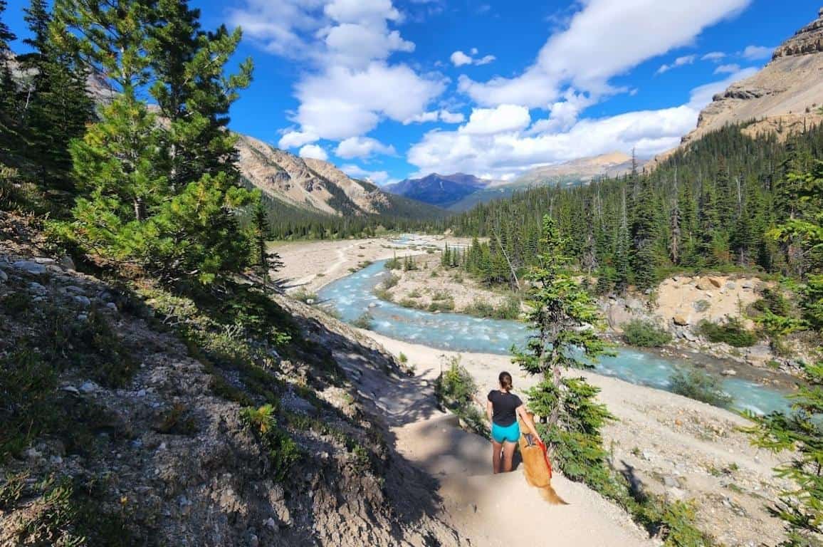 Emily Concannon and her dog hiking in Jasper National Park, Canada